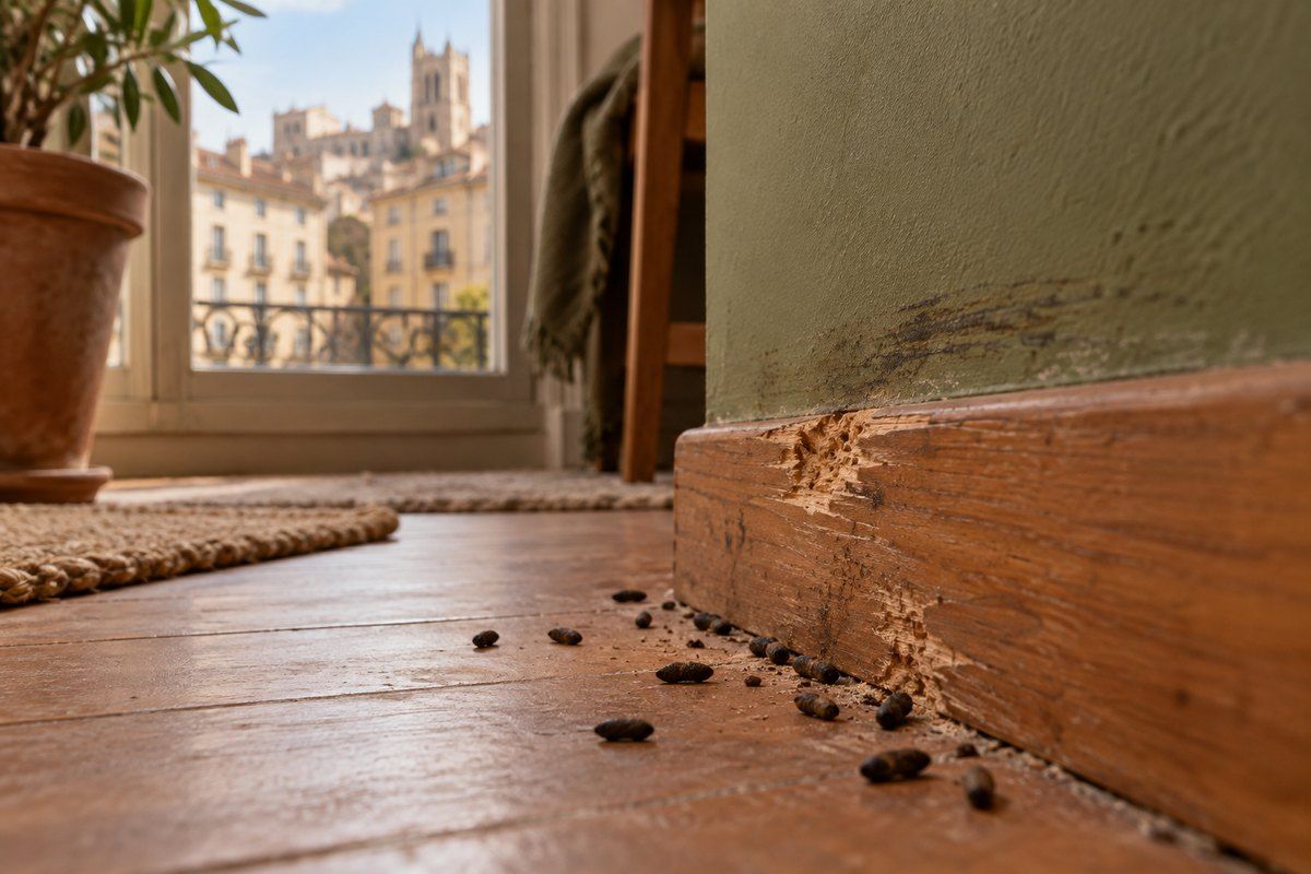 Des traces de nuisibles visibles le long d'une plinthe
